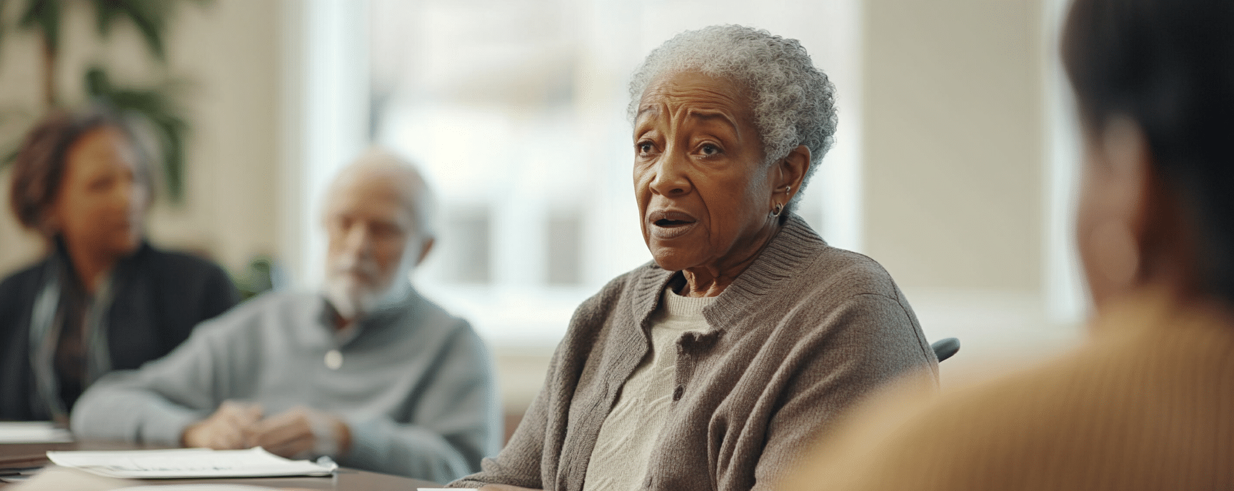 Family members and nursing home staff discussing a resident’s care plan